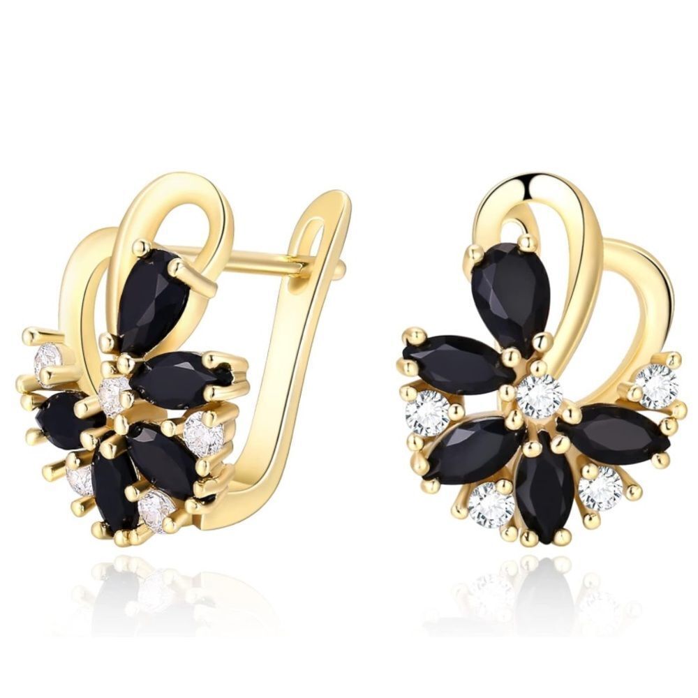 Yellow Gold with Onyx and Diamond Cubic Zirconia French Clip Flower Earrings